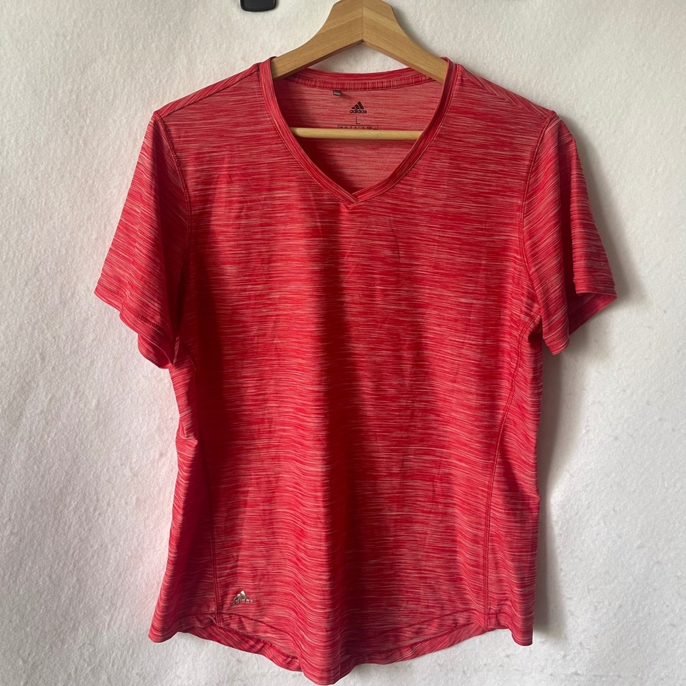 Adidas Womens Red Space Dye V-Neck‎ Athletic T-Shirt Size Large Short Sleeve Tee